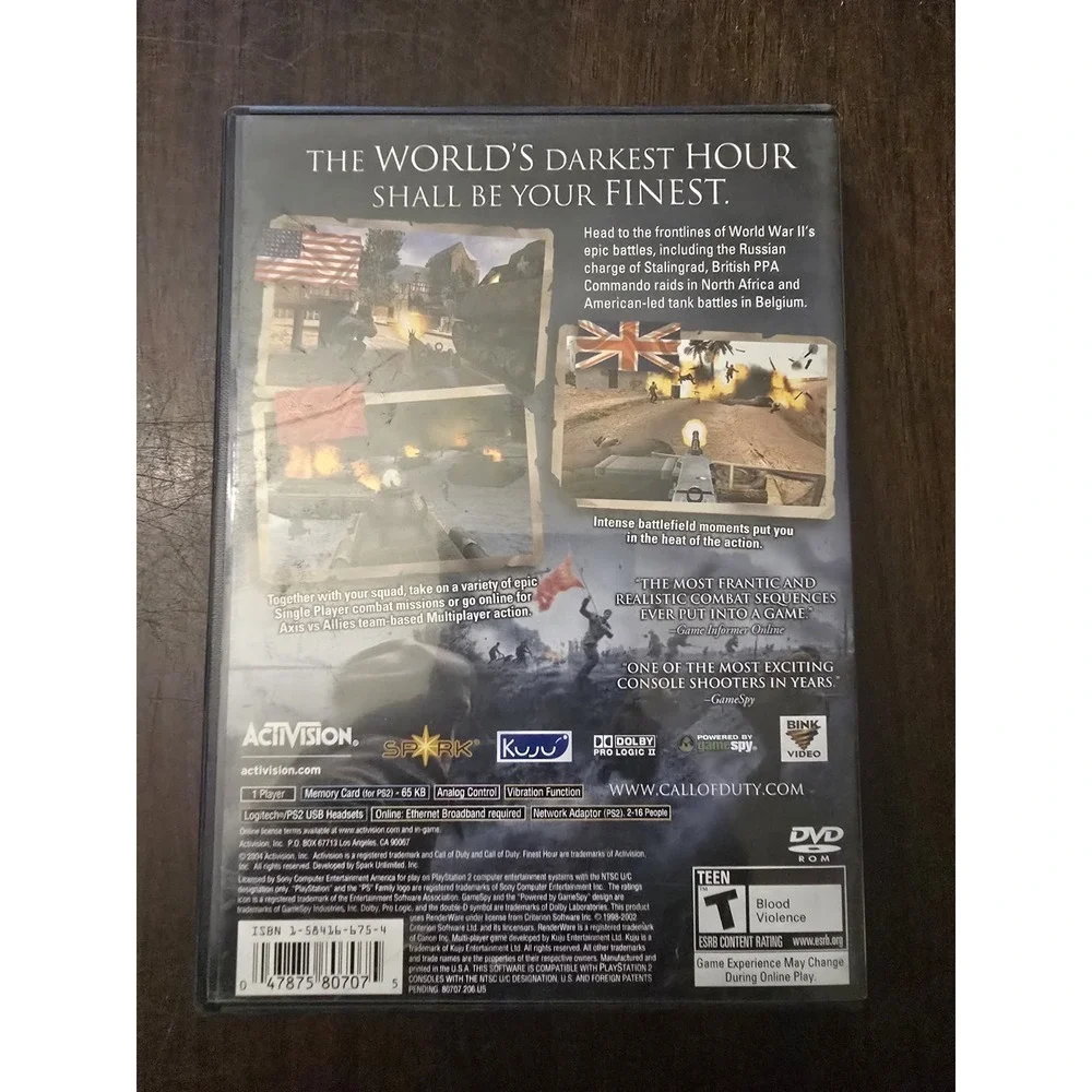 Call of Duty: Finest Hour (Black Label) - Playstation 2 PS2 Game - Tested